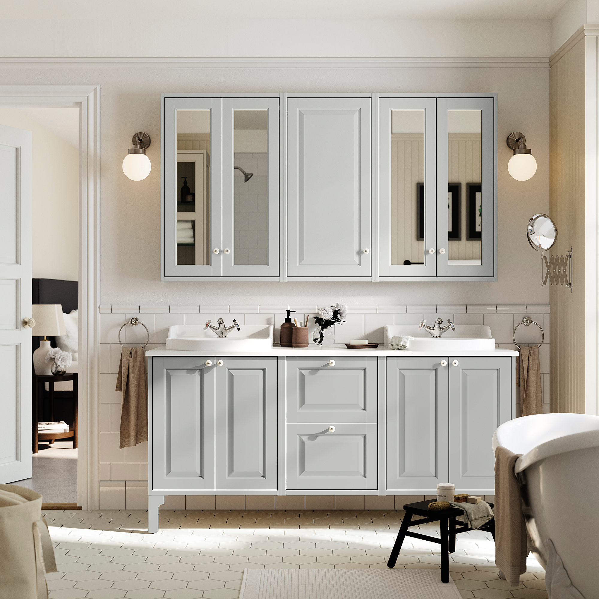 TÄNNFORSEN / RUTSJÖN Sink cab/sinks/taps, light gray/white marble effect, 67x21 1/2x37 1/8 "