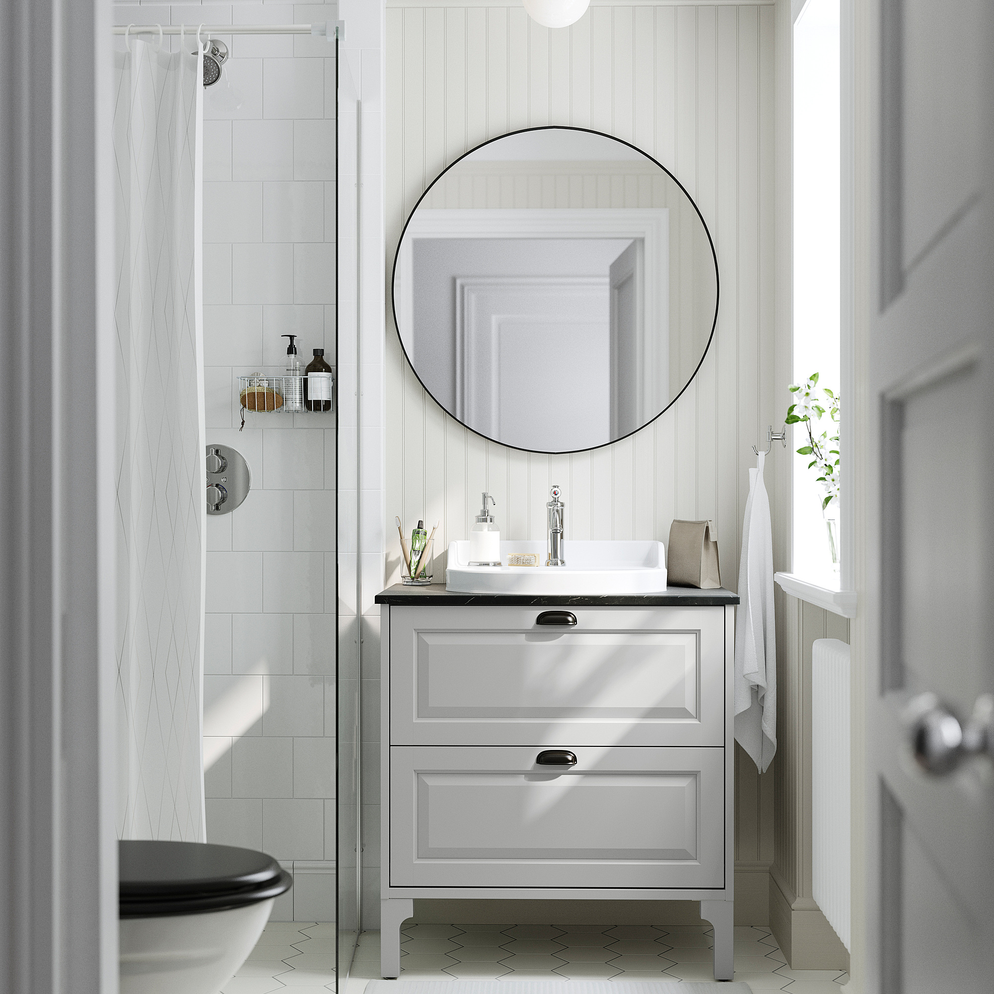 TÄNNFORSEN / RUTSJÖN Sink cab w drawers/sink/tap, light gray/black marble effect, 31x21 1/2x37 1/8 "