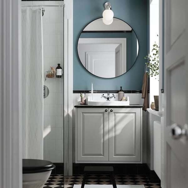 TÄNNFORSEN / RUTSJÖN Sink cab w drawers/sink/tap, light gray/black marble effect, 31x21 1/2x30 1/8 "