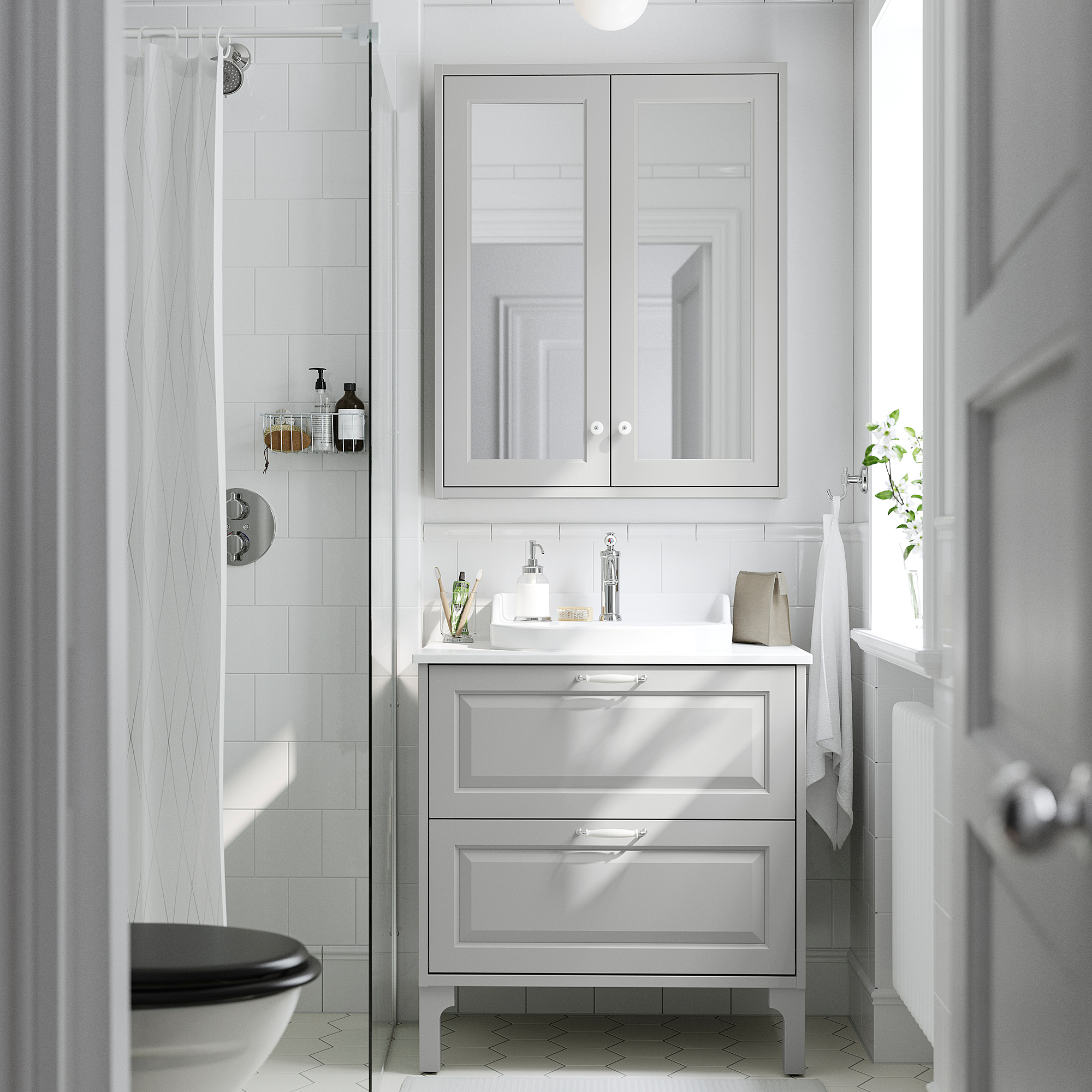 TÄNNFORSEN / RUTSJÖN Sink cab w drawers/sink/tap, light gray/white marble effect, 31x21 1/2x37 1/8 "