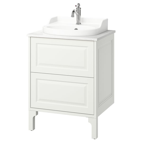 TÄNNFORSEN / RUTSJÖN Sink cab w drawers/sink/tap, white/white marble effect, 25x21 1/2x37 1/8 "