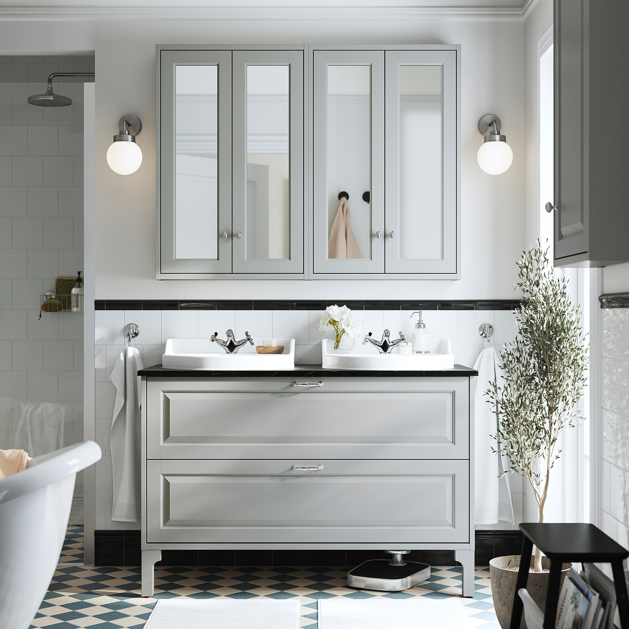 TÄNNFORSEN / RUTSJÖN Sink cab w drawers/sink/taps, light gray/black marble effect, 49x21 1/2x30 1/8 "