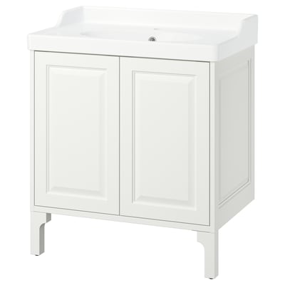 TÄNNFORSEN white bathroom vanity, classic design with bevelled edges and closed storage.
