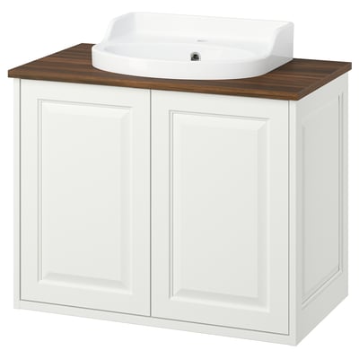 TÄNNFORSEN white vanity. Wood, rectangular, bevel edge, ceramic sink.