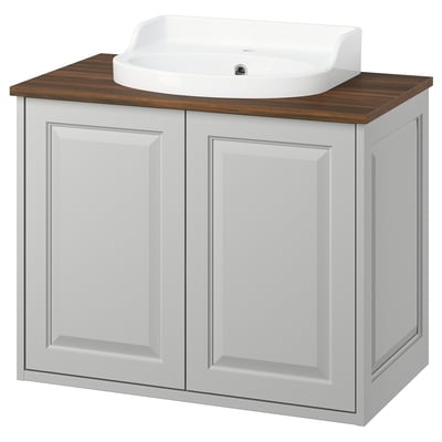 TÄNNFORSEN white vanity, light grey cabinet, wooden countertop, square sink.