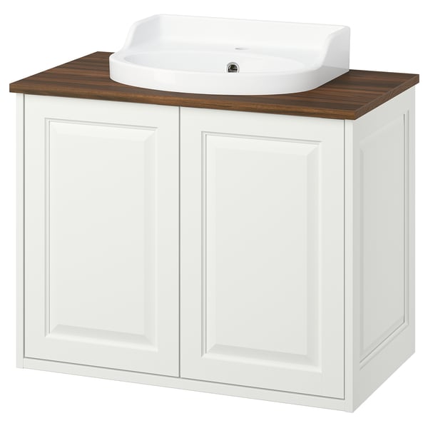 TÄNNFORSEN white vanity. Wood, rectangular, bevel edge, ceramic sink.