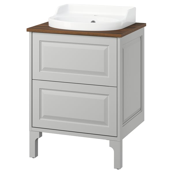 A TÄNNFORSEN light grey bathroom vanity with a wooden countertop, a semi-recessed white ceramic sink, and two drawers.