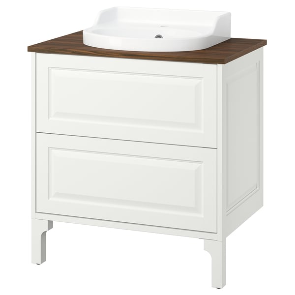 White TÄNNFORSEN bathroom cabinet, wooden top, semi-recessed sink, two drawers.