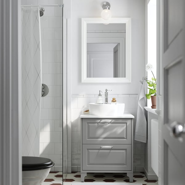 TÄNNFORSEN / TÖRNVIKEN Sink cab w drawers/sink/tap, light gray/white marble effect, 25x21 1/2x35 7/8 "