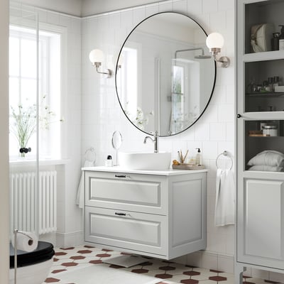TÄNNFORSEN / TÖRNVIKEN Sink cab w drawers/sink/tap, light gray/white marble effect, 37x21 1/2x31 3/8 "