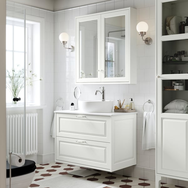 TÄNNFORSEN / TÖRNVIKEN Sink cab w drawers/sink/tap, white/white marble effect, 37x21 1/2x31 3/8 "