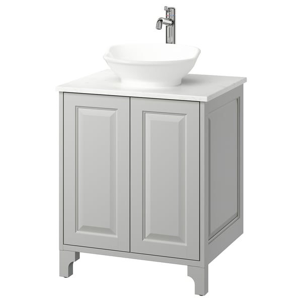 TÄNNFORSEN / VÄSTERSJÖN Sink cab w doors/sink/tap, light gray/white marble effect, 25x21 1/2x35 7/8 "