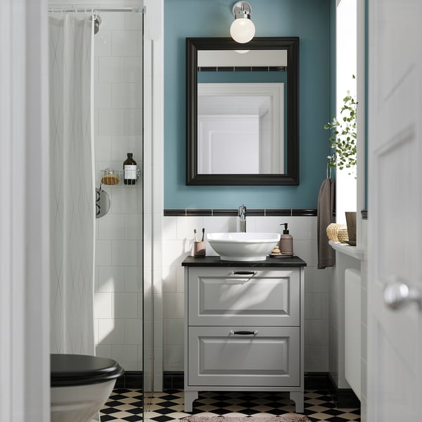 TÄNNFORSEN / VÄSTERSJÖN Sink cab w drawers/sink/tap, light gray/black marble effect, 25x21 1/2x35 7/8 "