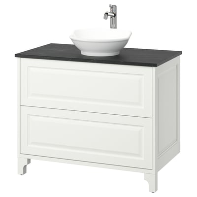 TÄNNFORSEN / VÄSTERSJÖN Sink cab w drawers/sink/tap, white/black marble effect, 37x21 1/2x35 7/8 "