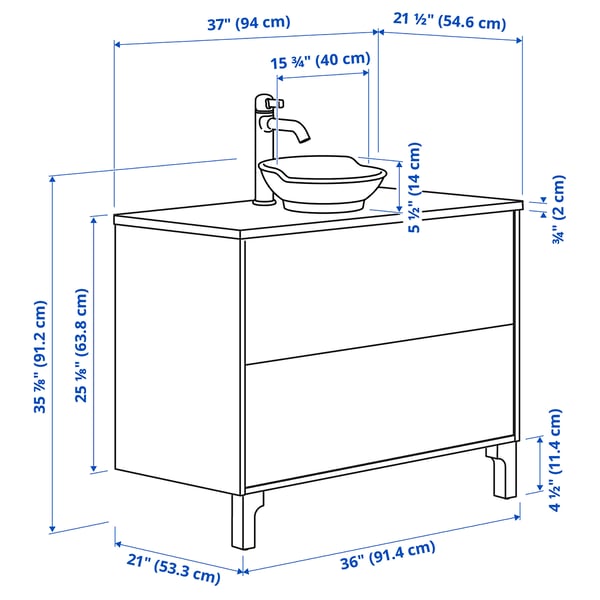 TÄNNFORSEN / VÄSTERSJÖN Sink cab w drawers/sink/tap, white/white marble effect, 37x21 1/2x35 7/8 "