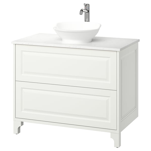 TÄNNFORSEN / VÄSTERSJÖN Sink cab w drawers/sink/tap, white/white marble effect, 37x21 1/2x35 7/8 "