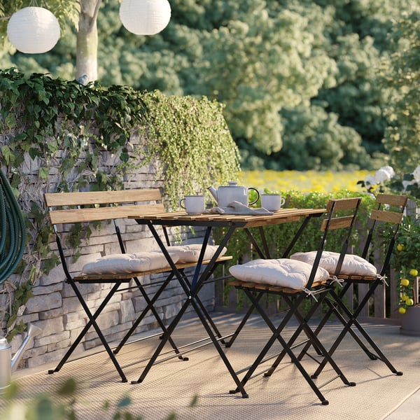 TÄRNÖ Table, 2 chairs and bench, outdoor, black/light brown stained/Kuddarna light gray-beige, 39 3/8x21 1/4 "