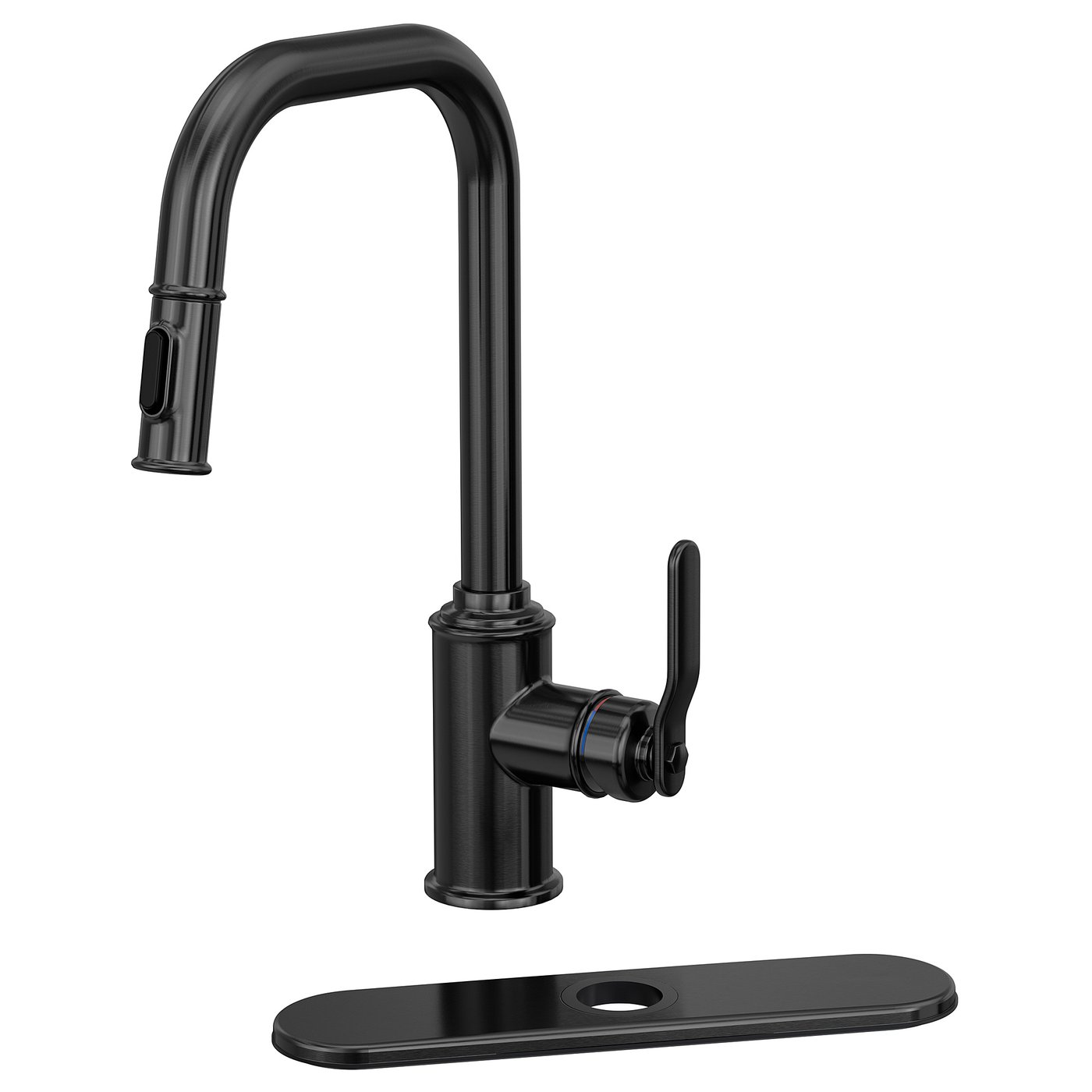 A TAKSJÖN kitchen tap in matte black with a pull-out sprayer. It is sleek, modern, and made from stainless steel and zinc for durability.