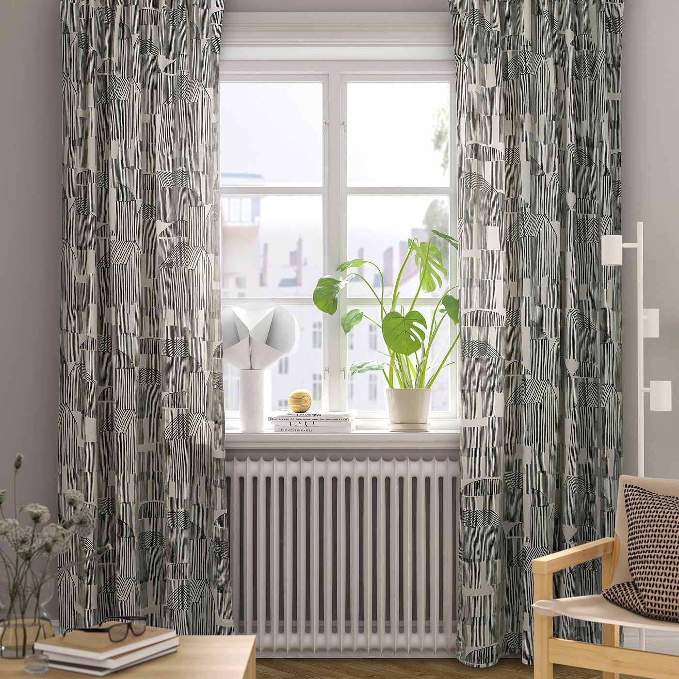 TEMPELFLY curtains, 1 pair, white/black/with heading tape, 145x250