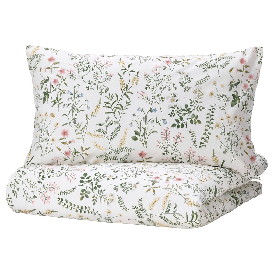 TIMJANSMOTT duvet cover and pillowcase(s), white/floral pattern, Full
