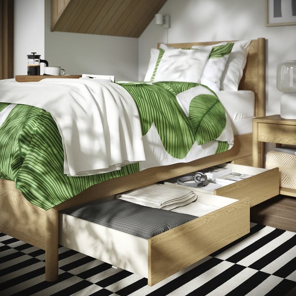 TONSTAD Bed frame with storage, oak veneer/Lyngör white, Twin
