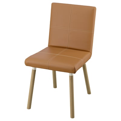A TONSTAD chair in tan leather-look upholstery with wooden legs, featuring a sleek and modern design with double-stitched seams.