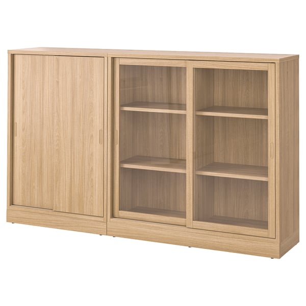 TONSTAD Storage combination w sliding doors, oak veneer/clear glass, 79 5/8x14 5/8x47 1/4 "