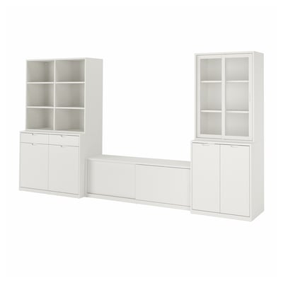 TONSTAD TV storage combination, off-white/clear glass, 148 5/8x18 1/2x79 "