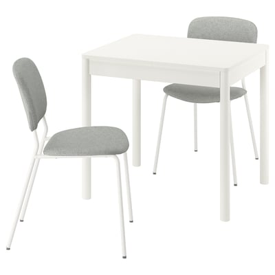 Minimalist TONSTAD table & chairs. White table, grey chairs with curved backs.