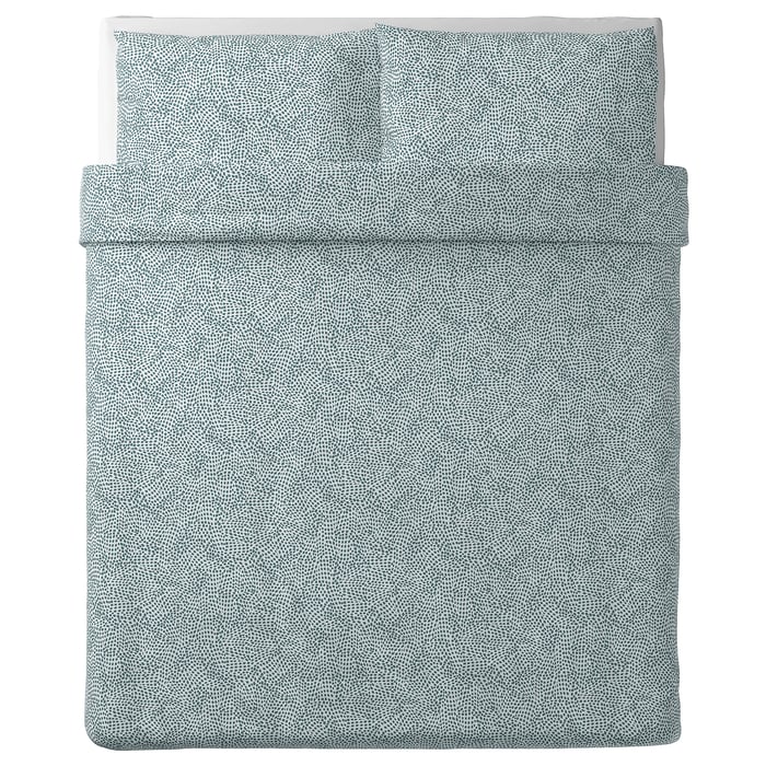 TRÄDKRASSULA duvet cover and pillowcase(s), white/blue, Full/Queen