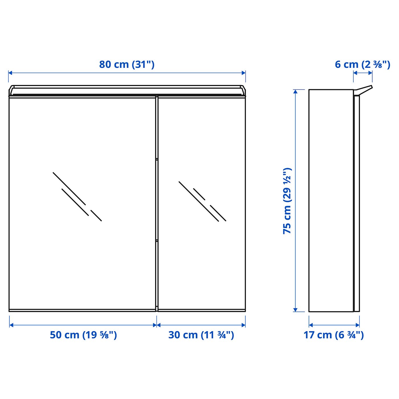 TREASJÖN mirror cabinet w/2 doors & light, 80x17x75 cm (311/2x63