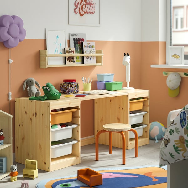 TROFAST Desk with storage boxes, light white stained pine/light orange white, 48 7/8x17 3/8x20 1/2 "