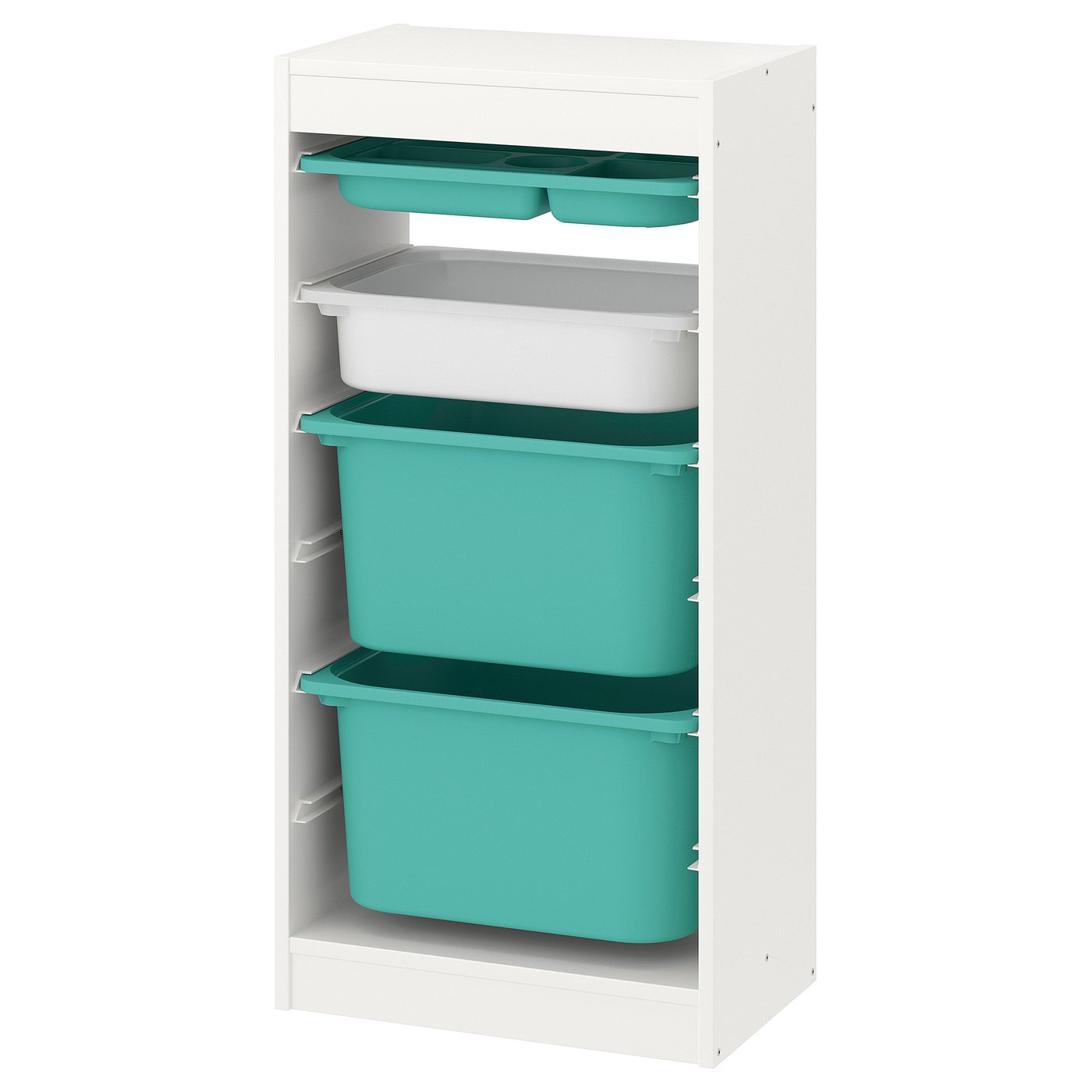 TROFAST storage combination with boxes/tray, white turquoise/white, 46x30x94 cm (181/8x113/4x37