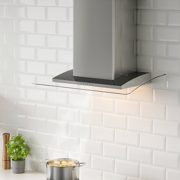 UNDANTAG Wall mounted range hood, Stainless steel/glass