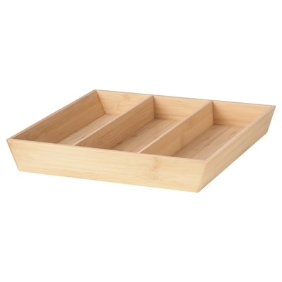 An UPPDATERA bamboo drawer organiser, light brown, rectangular, divided into four sections for storing utensils.