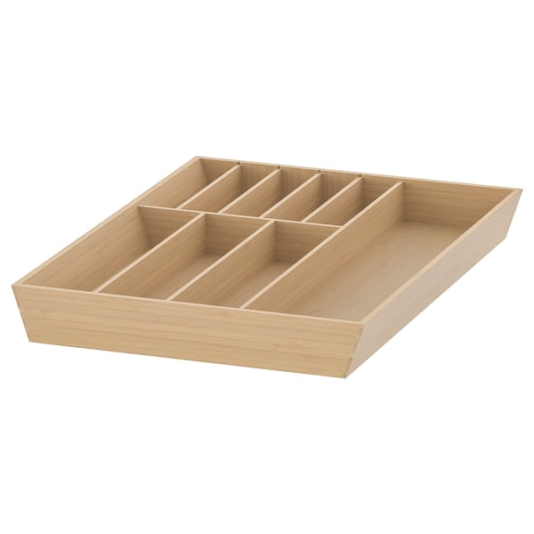 An UPPDATERA bamboo cutlery tray, rectangular with multiple compartments. The natural wood colour and sleek design offer a warm, natural kitchen feel.
