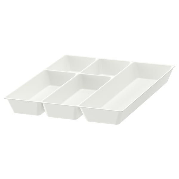 White plastic cutlery tray organiser with six compartments, designed for kitchen drawer organisation.