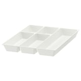White plastic cutlery tray organiser with six compartments, designed for kitchen drawer organisation.