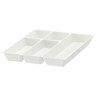 White plastic cutlery tray organiser with six compartments, designed for kitchen drawer organisation.
