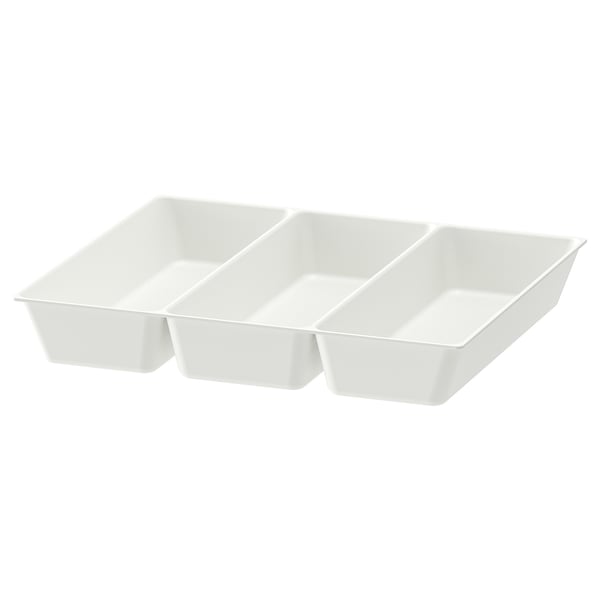 An UPPDATERA white plastic cutlery tray with three compartments, designed for organising kitchen utensils.