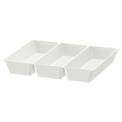 An UPPDATERA white plastic cutlery tray with three compartments, designed for organising kitchen utensils.
