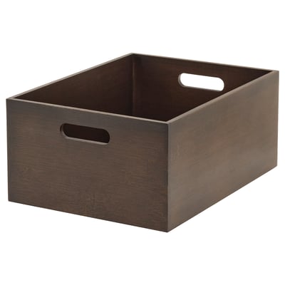 Dark brown bamboo storage box with handles for easy carrying, perfect for kitchen or bathroom.