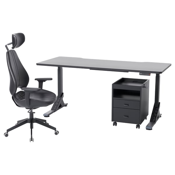 UPPSPEL / GRUPPSPEL desk, chair and drawer unit, black/Grann black