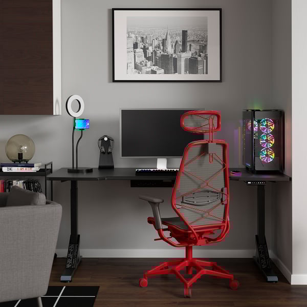 UPPSPEL / STYRSPEL Gaming desk and chair, black gray/red, 70 7/8x31 1/2 "
