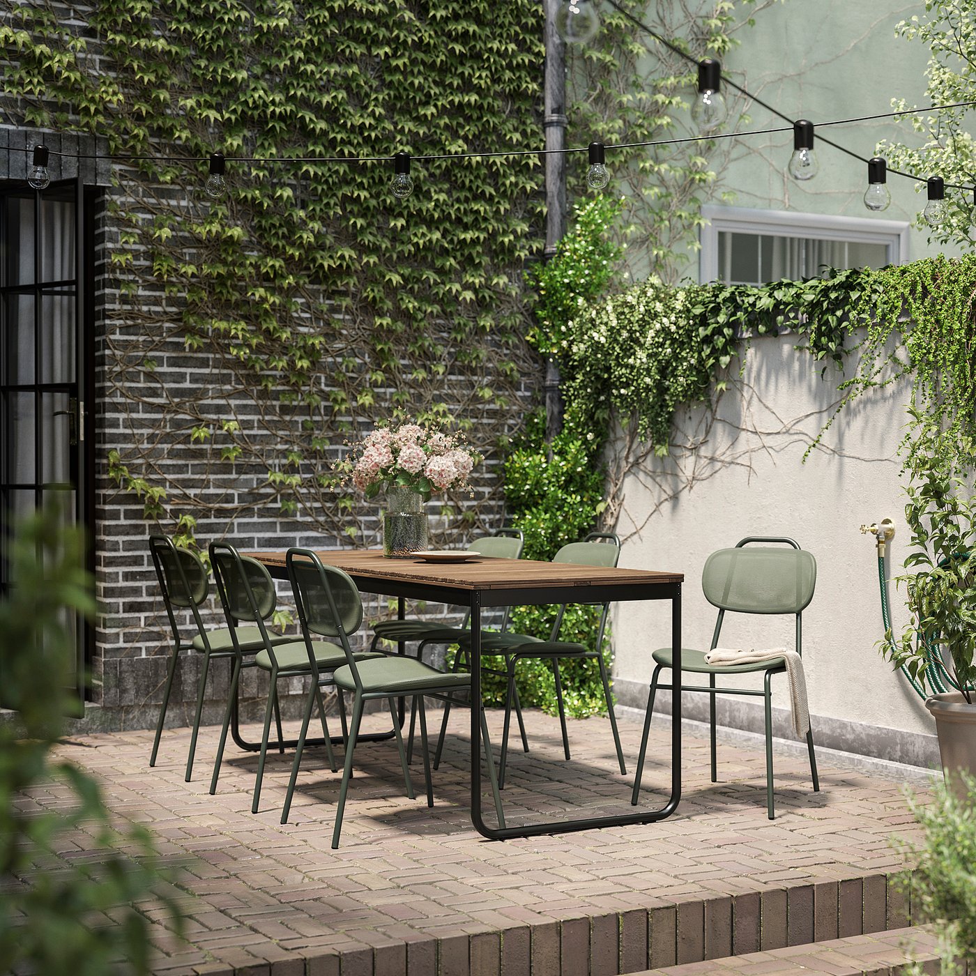 VÄSMAN / ENSHOLM table+6 chairs, outdoor, extendable light brown