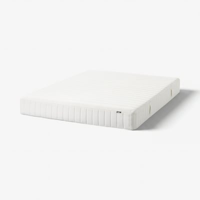 White VALEVÅG mattress, medium-firm, pocket springs, quilted surface, rectangular shape.