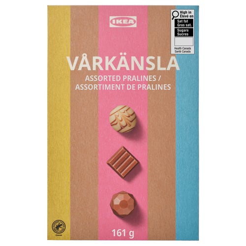 IKEA VÅRKÄNSLA box: assorted pralines. Multicoloured packaging with chocolate images, 161g.