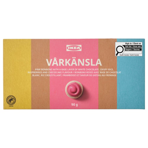 IKEA VÅRKÄNSLA box: pink bonbons, white chocolate, crispy rice, raspberries, cheesecake flavour. 90g.