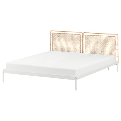 VEVELSTAD Bed frame with 2 headboards, white/Tolkning rattan, King