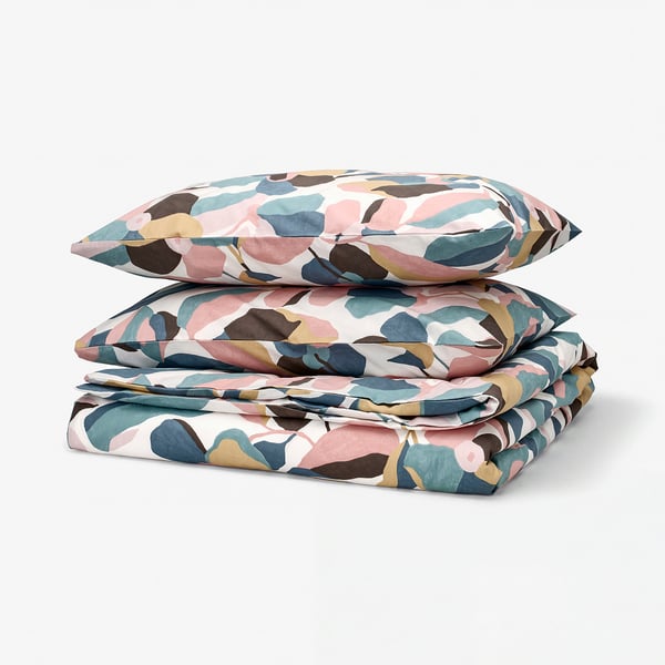 Vibrant, earthy leaf-patterned VIDEOXBÄR duvet and pillow set, pinks, blues, aqua, cotton/lyocell blend.